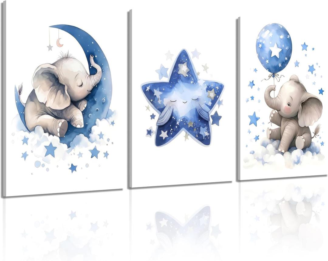 DULASI Set of 3 Gallery Wrapped Canvas Prints, Baby Boy Nursery Decor, Watercolor Moon Star Elephant Wall Art, Ready to Hang Nursery Decorations, Blue Kids Room Wall Art 16x24in