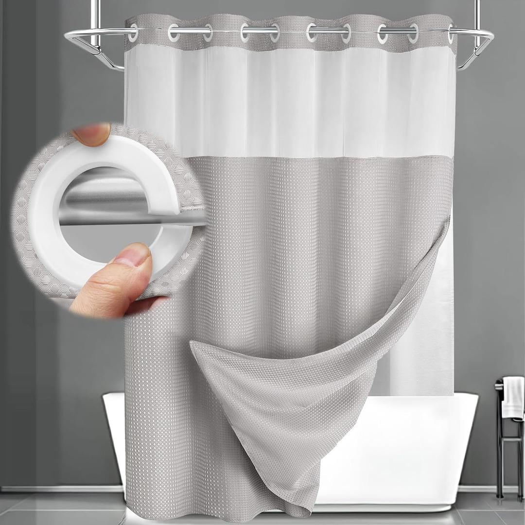 No Hook Shower Curtain and Liner Set,Light Grey Hotel Waffle Shower Curtain with Liner 75" L x 60" W