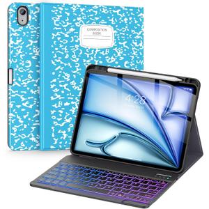 Supveco Keyboard Case for iPad Air 11 Inch (M4 2026,M3 2025,M2 2024),iPad Air 5th/4th Generation with Pencil Holder-7 Colors Backlit Wireless Detachable Folio Keyboard Cover -Sky Blue