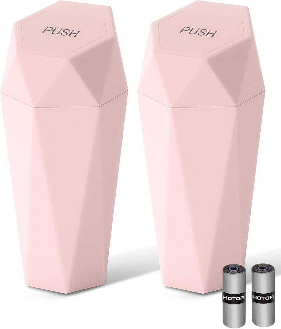 HOTOR Car Trash Can with Lid - 2 Pack, Car Accessories for Interior, Leakproof Vehicle Garbage Can with 30 Attached Trash Bags, Multipurpose Organizers and Storage for Home, Office, Pink