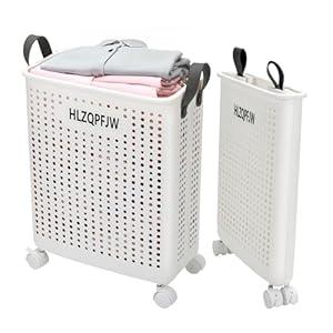 HLZQPFJW Collapsible Laundry Baskets, Laundry Basket with Wheels, 35, 50, 60 Liter Large Capacity (White, Medium)