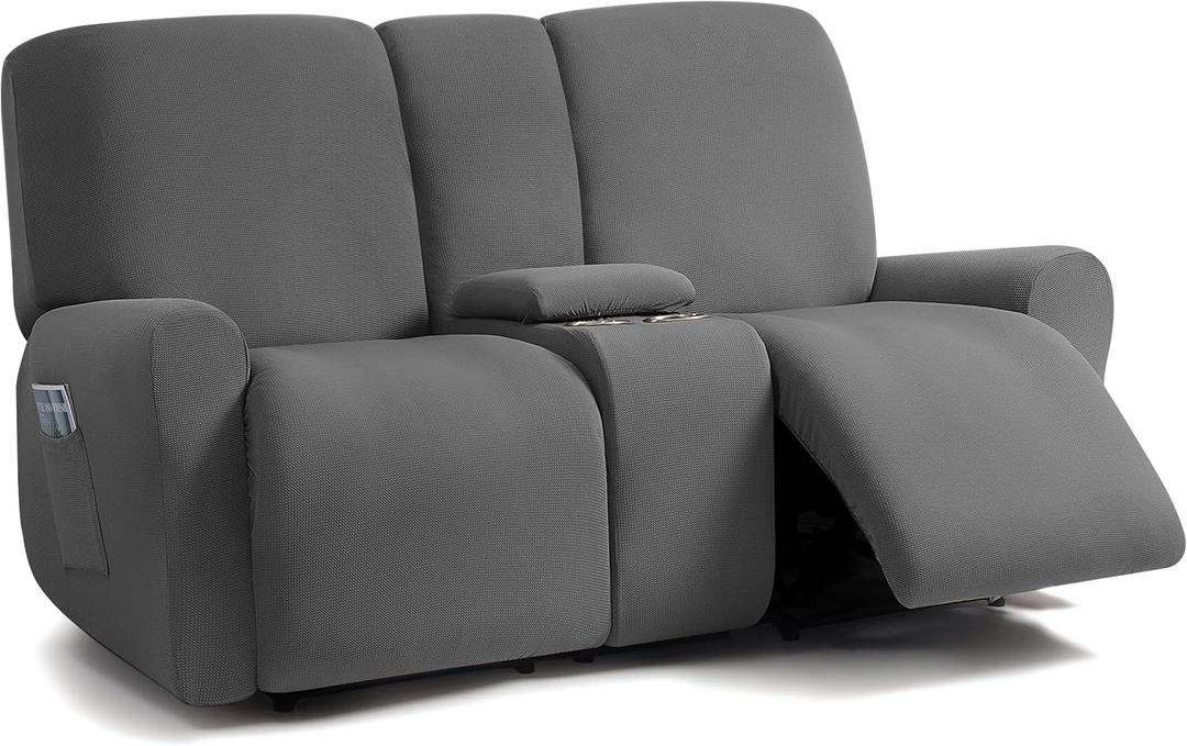 ULTICOR Jacquard Design Reclining Loveseat with Middle Console Slipcover, 8-Piece Stretch Sofa Covers, 2 seat Loveseat Recliner Cover, Washable (Dark Grey, Loveseat with Console Recliner Cover)