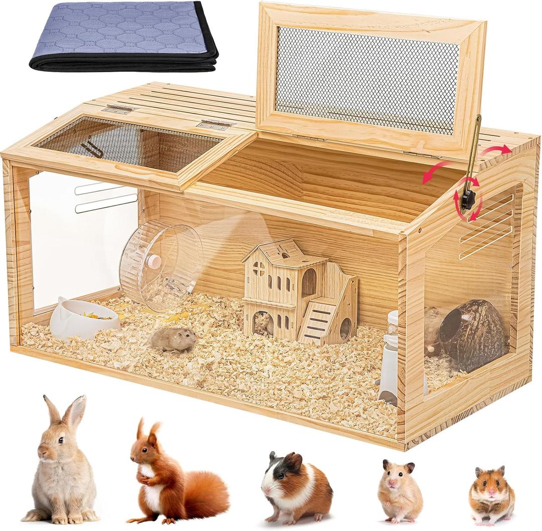 Hamster Cage 32" Wooden Chewproof, 270 View Large Habitat with Bite-Proof Metal Mesh & Top Dual Access Doors, Acrylic Sheets & Solid Build for Dwarf Syrian Hamsters/Gerbils/Guinea Pigs/Chinchillas