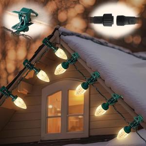 Meonum 66 FT C9 LED Christmas Lights Outdoor with 100 Spring Clips and 100 C9 Strawberry String Lights Waterproof Extendable for Holiday House Roofline Gutter Backyard Patio Home Decor, Warm White