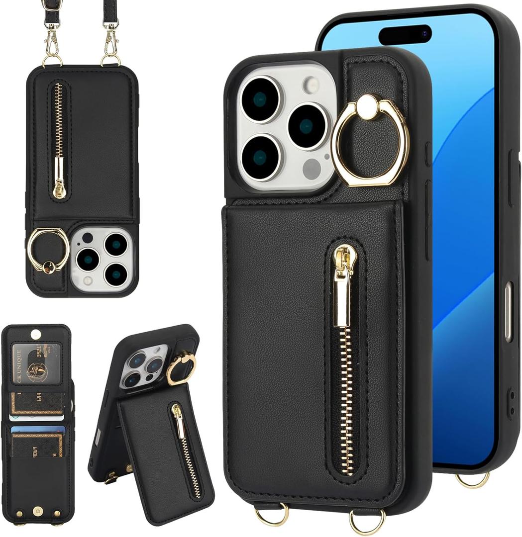 Jcxtrombulous Crossbody Wallet Case for iPhone 14 Pro with Lanyard Strap Card Slot Holder RFID Blocking Ring Kickstand,Magnetic Flip Folio Zipper Purse Case, PU Leather Cover Handbag,Black