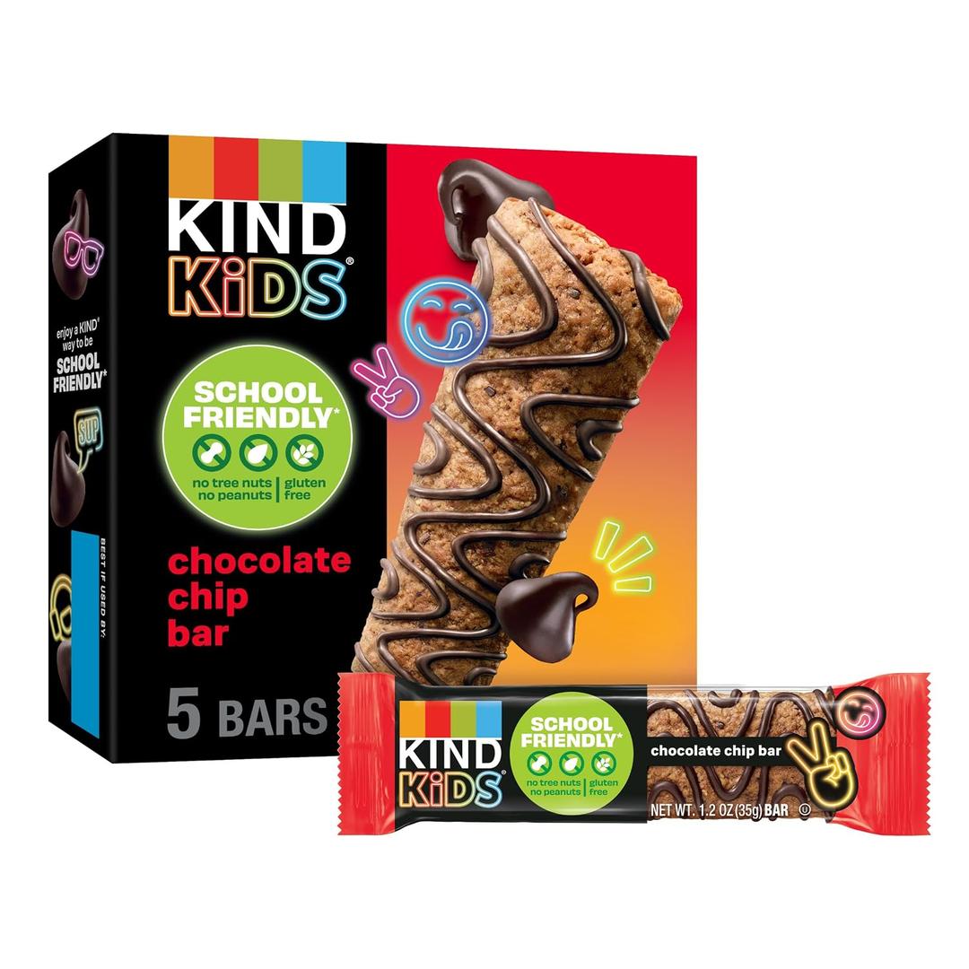 2 x KIND Kids Granola Bars, Chocolate Chip, Gluten Free, Low Sodium, Peanut and Tree Nut Free Snacks, 5g Protein, 5 Count