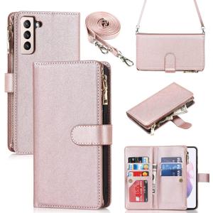 iCoverCase for Samsung Galaxy S21 Wallet Case with Card Holder, Kickstand Feature PU Leather Case with Adjustable Crossbody Lanyard Magnetic Clasp Zipper Pocket Flip Cover (Rose Gold)