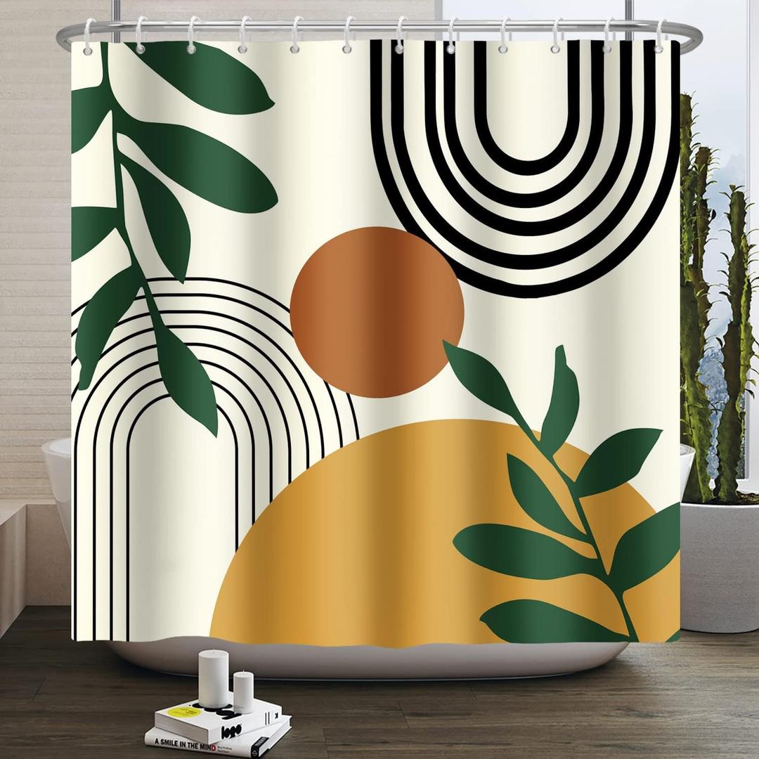 Boho Mid Century Shower Curtain Sun Leaves Modern Abstract Geometric Aesthetic Shower Curtains for Bathroom Bathtubs Waterproof Fabric Shower Curtain with Hooks 72x72 Inches