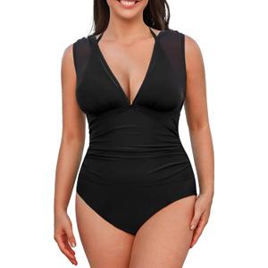 CUPSHE Plus Size Swimsuits for Women One Piece Bathing Suit with Removable Bikini Top Mesh Halter Tummy Control 2 Pieces (XX-Large Plus, Black)