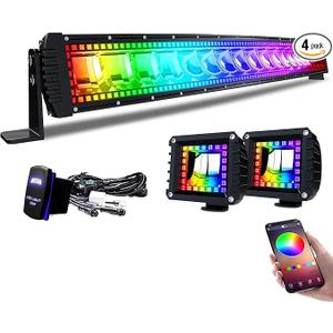 Lpteso RGBW Curved LED Light Bar 42Inch 240W Flood Spot Combo Beam 2PCS 4 Inch 18W Flood RGB LED Pods with 16 Solid Colors Chasing RGB Halo Ring Changing with Strobe Flashing with Rocker Switch Wiring