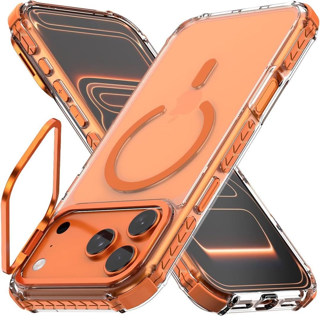 Nvollnoe for iPhone 17 Pro Max Case Compatible with MagSafe Military Grade Shockproof Heavy Duty Protective Adjustable Kickstand Ultra Clear Magnetic Phone Case for iPhone 17 Pro Max(Orange)