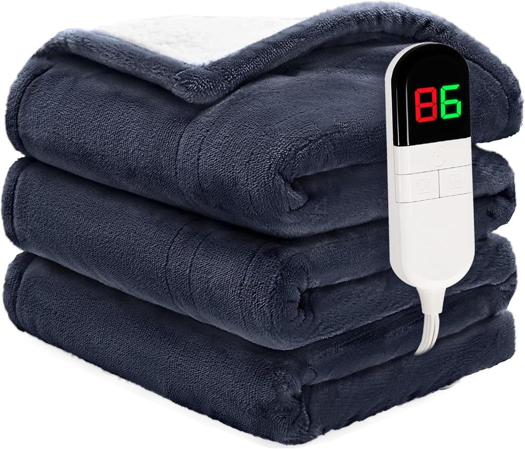 Heated Throw Blanket 50"60" - Premium Cosy Soft Electric Blanket with 6 Heating Levels,Fast Heating Flannel Sherpa Blanket for Bed & Couch - Auto Shut Off/Machine Washable (Navy Blue)