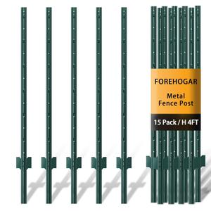 FOREHOGAR Metal Fence Post 4 Feet Green, Pack of 15, T Posts for Wire Fence, No Dig Steel U Post Fencing for Lawn Garden Wire Mesh Fence Poles Sign Outdoor Light Duty