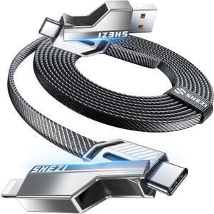 4-in-1 Long USB C Cable 60W 10FT Compatible with Lightning Cable [Fast Charging&Data Transfer] Flat Nylon Braided for iPhone iPad Charger Cord, Multi Charge Wire Combo with L/Type C/USB A Port