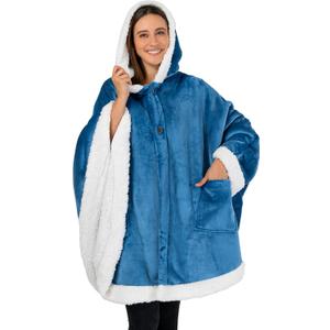 PAVILIA Hooded Blanket Poncho, Women Sherpa Fleece Shawl Wrap with Hood, Wearable Blanket Cozy Warm Poncho Cape Throw with Pockets, Gift for Elderly Mom, Turquoise Sea Blue