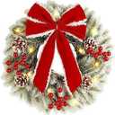 Pre Lit Christmas Wreaths for Front Door, Lighted Christmas Wreath Ornament with Lights Large Door Wreath with Red Bowknot Berries Pine Cone Decorative Wreaths for Holiday Home Decoration