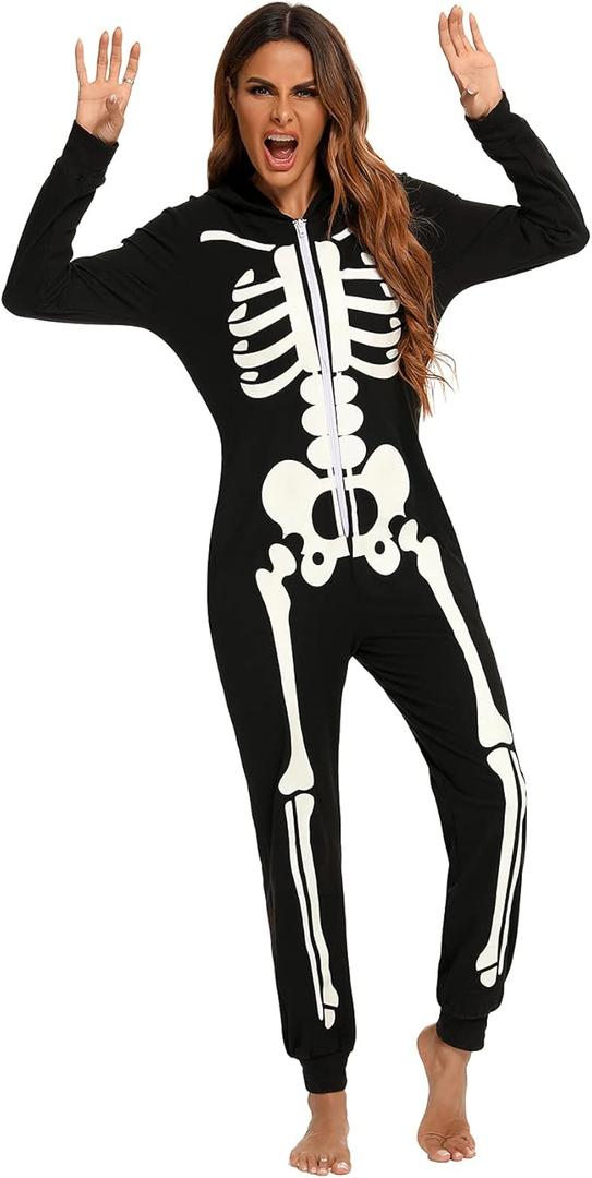 Veseacky Matching Pajamas Sets Skeleton Glow in Dark Jumpsuit Halloween Hooded One-Piece Zipper PJS Family Jammies (X-Large, Style A_black-women)