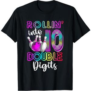 Rollin Into 10 Double Digits 10th Birthday Bowling Lover T-Shirt (Small)