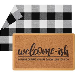 2pcs Welcome Mat Welcome Front Door Mat Black White Buffalo Plaid Check Rug Layered Funny Front Door Mat for Indoor Outdoor Entrance Home Doormats Decor (Brown)
