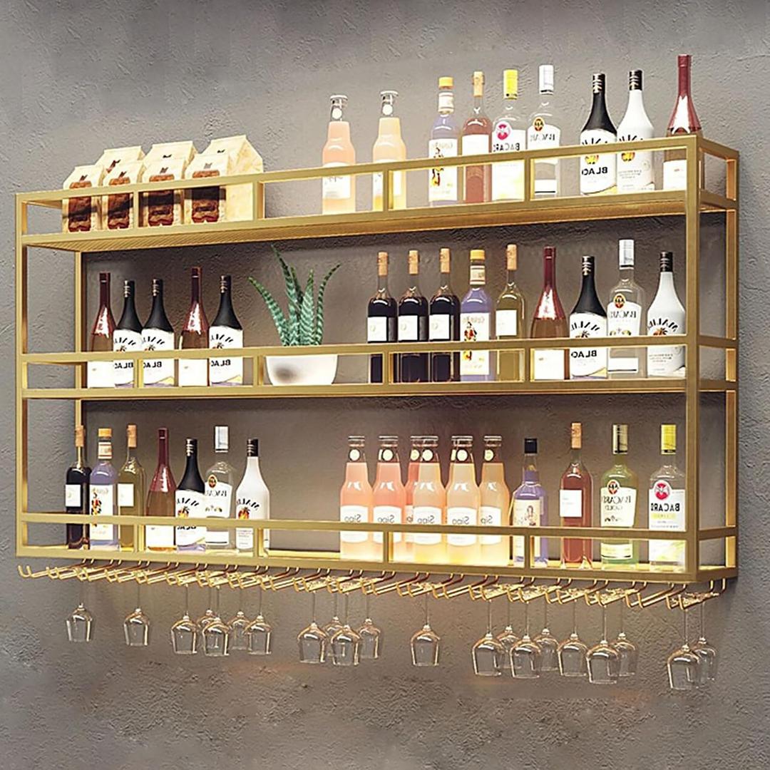 Large 39in Wine Rack with LED Lights Wall Mounted Bottle Glass Holder, 3-Tiers Liquor Floating Shelves Display Storage Organizer Hanging Long Stemware Goblet Metal for Home Bar Golden, 39"x 9.8"x 35"