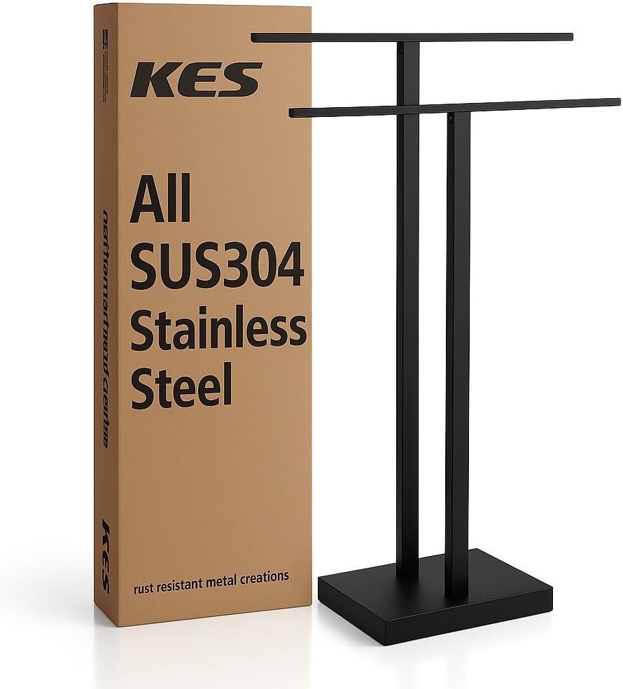 KES Free Standing Towel Rack Bathroom, Standing Towel Rack Floor with Weighted Base 2-Tier, Double Bath Towel Holder 18/8 Stainless Steel Matte Black, BTH231-BK