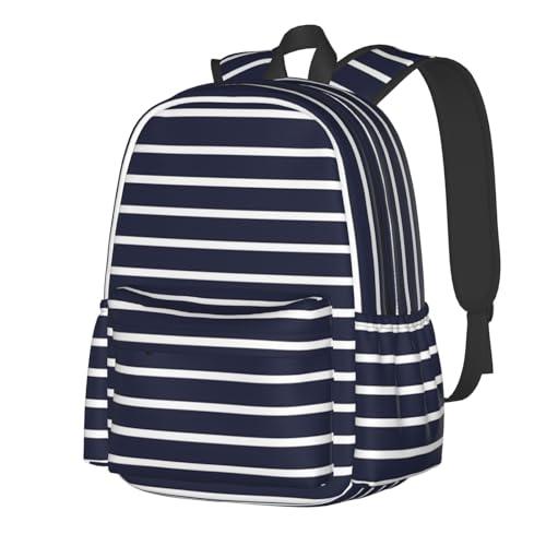 KOSUES Classic Navy Blue And White Stripes Horizontal Striped Laptop Backpacks Double Shoulder Laptop Pack Bag Casual Back Pack Lightweight Daypack Bags With Side Pockets For Business Travel Hiking