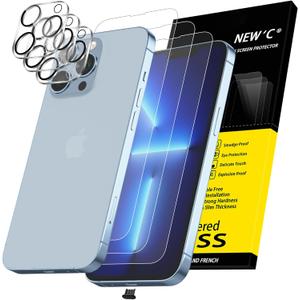 NEW'C 3x for iPhone 13 Pro Screen Protector (6.1 inches)+ 3x Camera Lens Protector, Sensor Protection + Dust Plug - Case Friendly Tempered Glass Film, Ultra Resistant (Transparent)