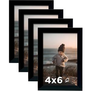 KINLINK 4x6 Picture Frame Black Set of 4, Wooden Photo Frames with Plexiglass for 4x6 without Mat for Table and Wall Display