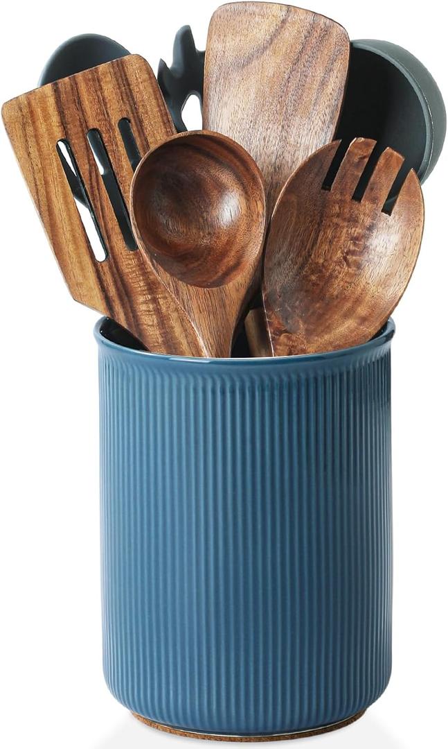 LoeJan Utensil Holder, Extra Large Utensil Crock, Stable Ceramic Utensil Organizer, Cooking Tool Organizer Set for Kitchen Counter Farmhouse Dcor, Blue