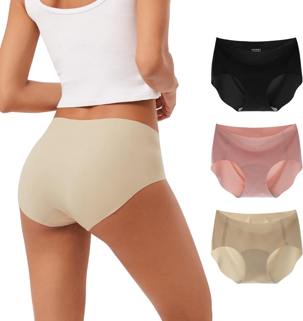 INNERSY Women's Seamless No Show Hipster Panties Invisible Light Underwear 3-Pack (Small, Black/Brick Red/Nude)