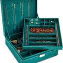 Juvale Velvet Jewelry Box Organizer - 10.5 x 10.5 x 3.5 in, Green - Lockable 2-Tier Travel Jewelry Case & Earring Storage - Removable Tray & Built-In Necklace Organizer