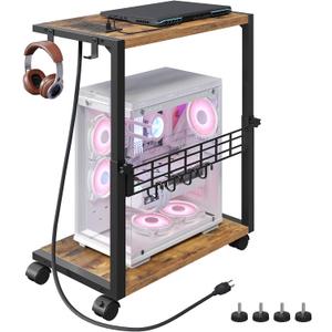 PC Stand with Charging Station, Height Adjustable Computer Tower Stand, 19.7"-31.5" H, Computer Cart with Wheels and Hooks, CPU Holder for Floor, Carpet and Under Desk, Rustic Brown