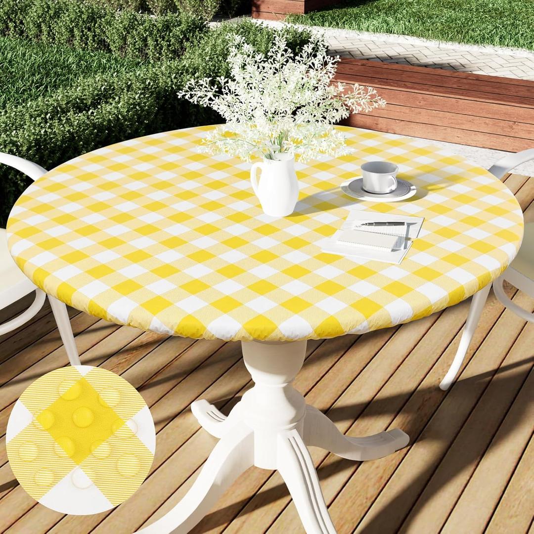 Smiry Round Picnic Tablecloth, Elastic Waterproof Fitted Vinyl Tablecloths for 57"-68" Tables, Flannel Backed Buffalo Plaid Table Cover for Dining, Camping, Outdoor, White and Yellow