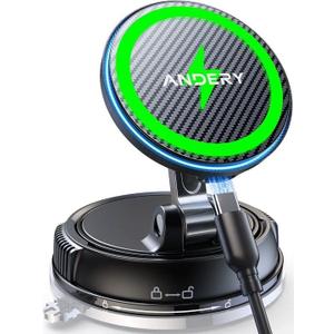 ANDERY Only for iPhone Magsafe Car Mount Charger [15W Fast Wireless Charging, 78+LBS Strong Suction 2400gf Strong Magnetic] 360 Adjustable Car Phone Holder, Phone Holders for Your Car, Carbon Fiber