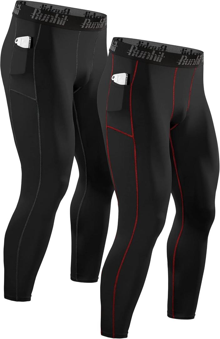 Runhit Compression Pants Men Running Tights Leggings Athletic Workout Gym Pants (Small, 2 Pack Pocket :Black & Red)