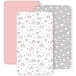 3 Pack Crib Sheets for Girls Fitted Crib Sheets for Standard Crib Mattress and Toddler Mattress, Ultra Soft Breathable Washable Polyester, 28x52inch, Pink & Grey Heart