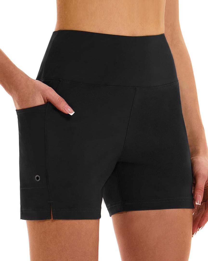 HODOSPORTS Women's 5''/7'' Swim Board Shorts High Waisted Quick Dry Swimsuit Bottoms with Liner Pockets Bathing Suit Trunks (Black, L)