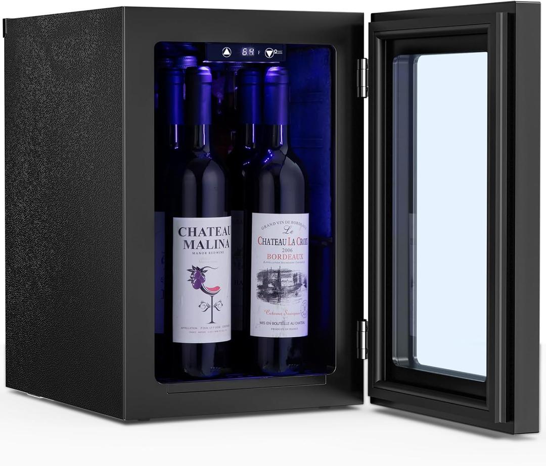 Antarctic Star 0.6Cu. Ft. Freestanding Wine Cellar Mini Fridge, 4-Bottle Red Wine with 6-Can Beverage Refrigerator, Quiet Compressor, LED Light and Display, 40-61 ℉, Black