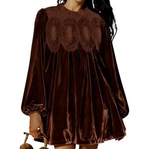 Womens A-Line Velvet Lace Overall Pleated Swing Babydoll Casual Skirtall Scallop Neck Flared Wedding Mini Dress, Size: X-Large (Brown)