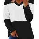 KISSMODA Fall Shirts For Women 2025 Tunics Or Tops To Wear With Leggings Blouses For Women Business Casual V Neck T Shirts White Color Block Tops Work Clothes White S