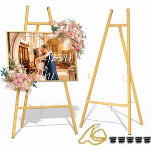 Gold Metal Easel Stand for Sign,Heavy Duty Art Easel with Adjustable Chain,Tripod Structure,4-Level HeightEasels for Wedding Welcome Sign Holder,Baby Shower Poster,Birthday Party,Posters