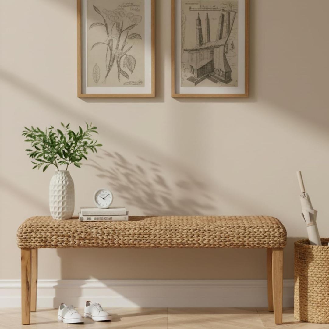 Solid Wood Acacia Indoor Bench with Natural Woven Seat, 47 Inch Wood Bench for Living Room or Entryway Benc, Bedroom End of Bed Bench or Dining Benches, Window Bench (Fishbone, Water Hyacinth)