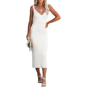 Lacozy Womens Bodycon Midi Dress Sexy V-Neck Sleeveless Ribbed Sweater Dress Casual Tank Knit Dresses White S