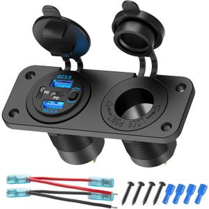 4 Port 12V USB Outlet Marine Switch Panel 12 Volt Plug, Dual PD30W and Dual QC18W USB Ports Car Charger with Switch, Waterproof 150W Cigarette Lighter Socket 2 in 1 DIY Kit for Car Marine Boat RV ATV