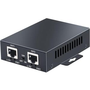 2 Port POE Extender 10/100Mbps,1 In 2 Out POE Repeater for Security Systems IP Camera , PoE Amplifier, PoE booster, Wall-Mount, IEEE 802.3at / 802.3af, Metal Housing Network PoE Signal Extender