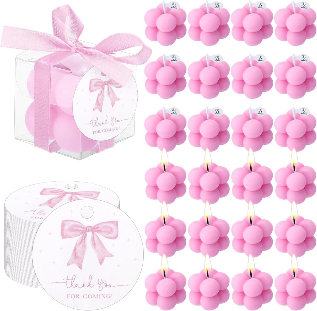 MTLEE 24 Sets Pink Bow Party Favors Small Bubble Candle Baby Shower Favors for Guests Tea Candles Bulk with Stylish Ribbons Cards Gifts Party Decoration(Bright Pink,Bow)