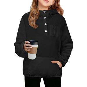Arshiner Girls Fleece Pullover Hooded Sweatshirt Colorblock Sherpa Hoodie for Teen Girl Fall Winter Button Jacket Coat with Pockets Girls Hoodies Size 12-14 Kids Black Hoodie