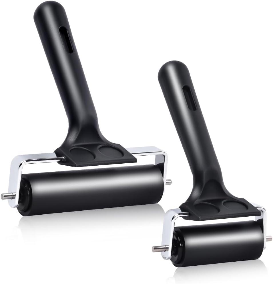 Wlivxch 2Pcs Hard Rubber Brayer Rollers (4 Inch and 2.2 Inch) for Printmaking, Ink Printing, Gluing Application, Stamping, Boat Flooring and Wallpaper Installation - Black Tool