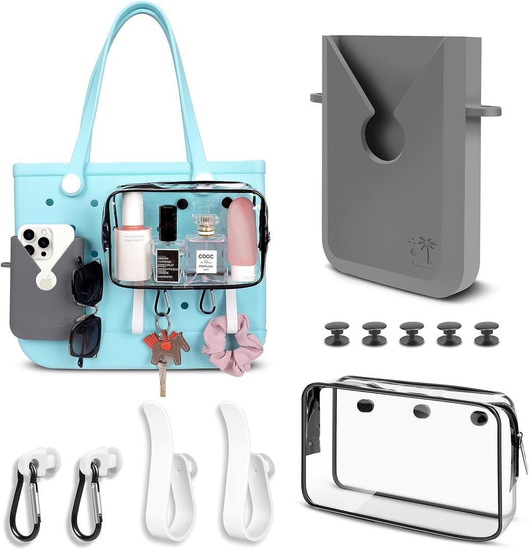 6PCS Compatible with Original Medium and Large Bogg Bag, Phone Holder for Inside and Outside of Bogg Bag Accessories, PVC Insert Bags, Hooks, and Keychain (Black)