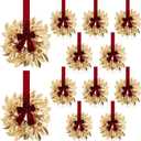 Zeyune 12 Pcs Small Christmas Wreaths for Kitchen Cabinets with Bow Ribbon Mini Cabinet Door Wreath Set Hanging Christmas Decor for Kitchen Window Outdoor Indoor, 14.96 x 7.87'' (Gold Eucalyptus)